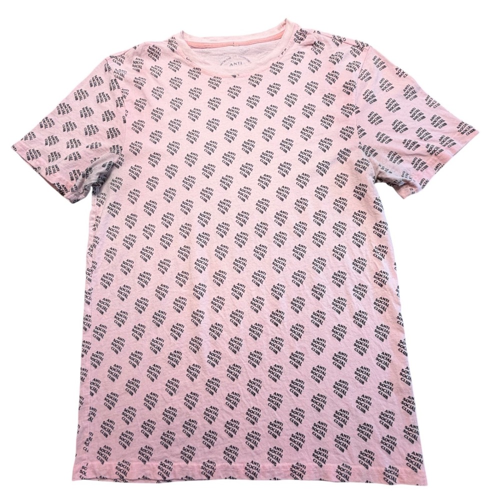 Anti Social Social Club Mens Pink All Over Print Logo Short Sleeve T-Shirt SZ L